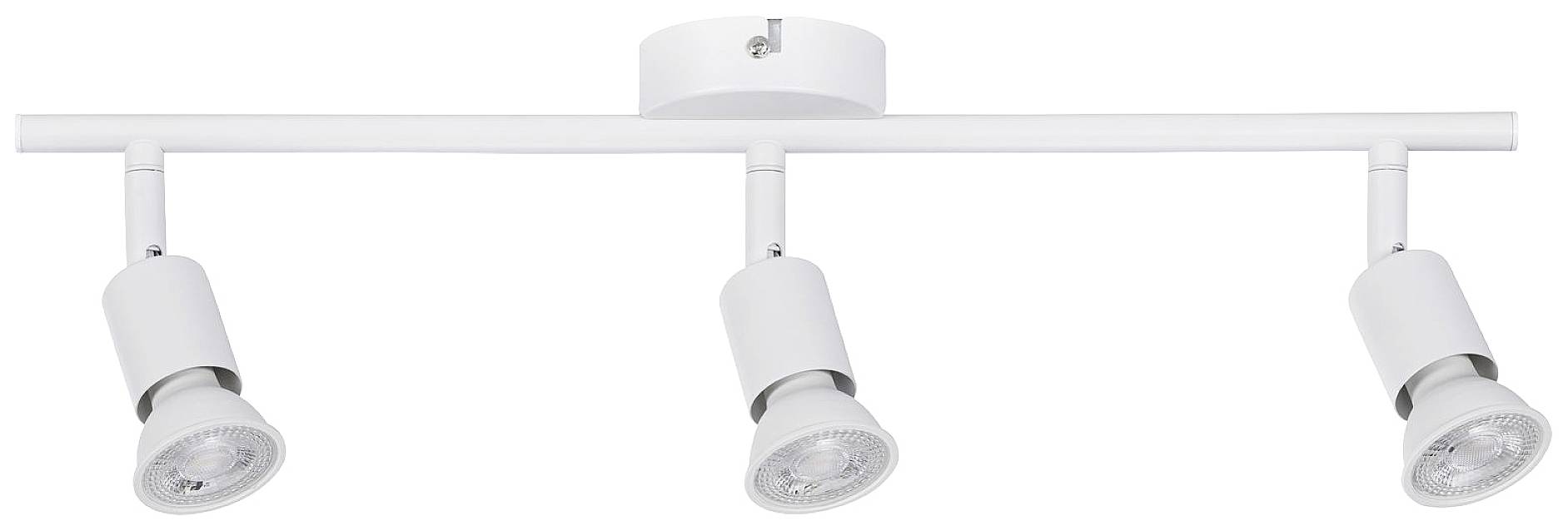 Hvid loftslampe med tre justerbare spots monteret på en vandret skinne, perfekt til retningsbestemt belysning.