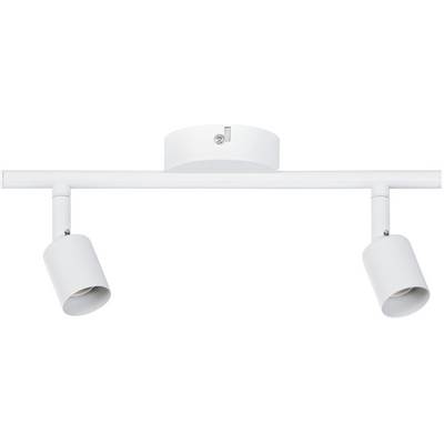 Hvid loftslampe med to justerbare spotlights monteret på en vandret skinne. Ideel til retningsbestemt belysning.