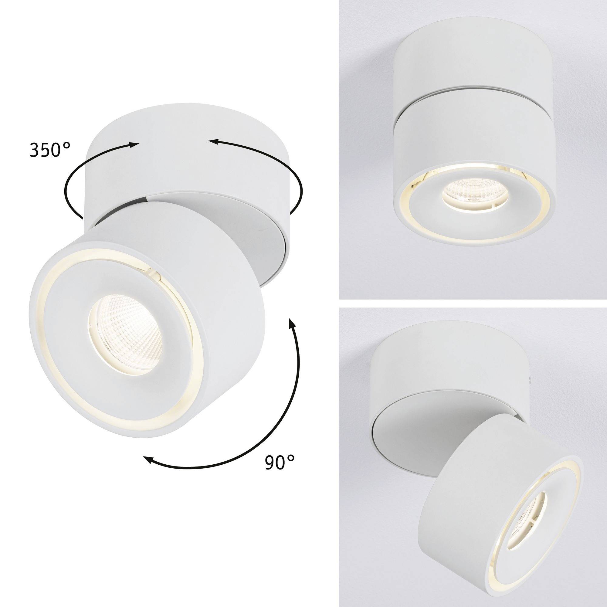 Hvid, justerbar loftslampe med drejelig hoved. Kan drejes 350 grader og vippes 90 grader, med indvendig belysning.