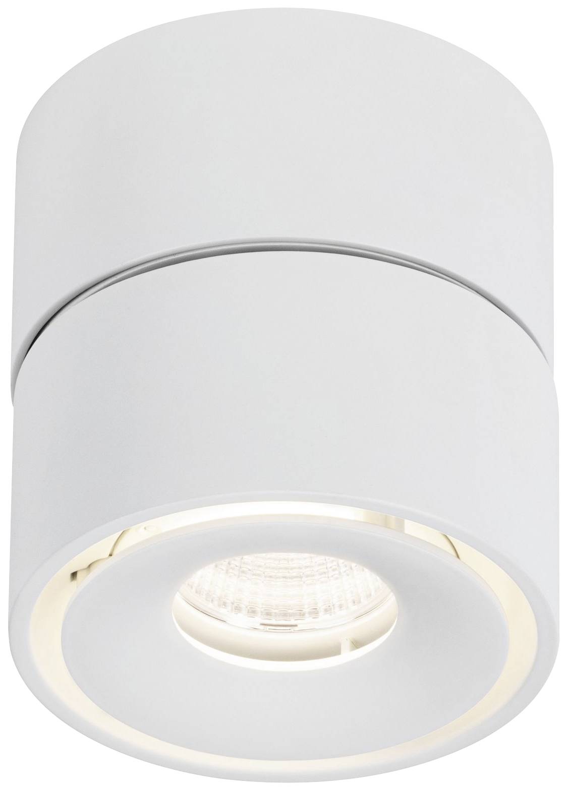 Hvid loftlampe med rundtformat design og integreret LED-spot, velegnet til moderne indendørsrum.