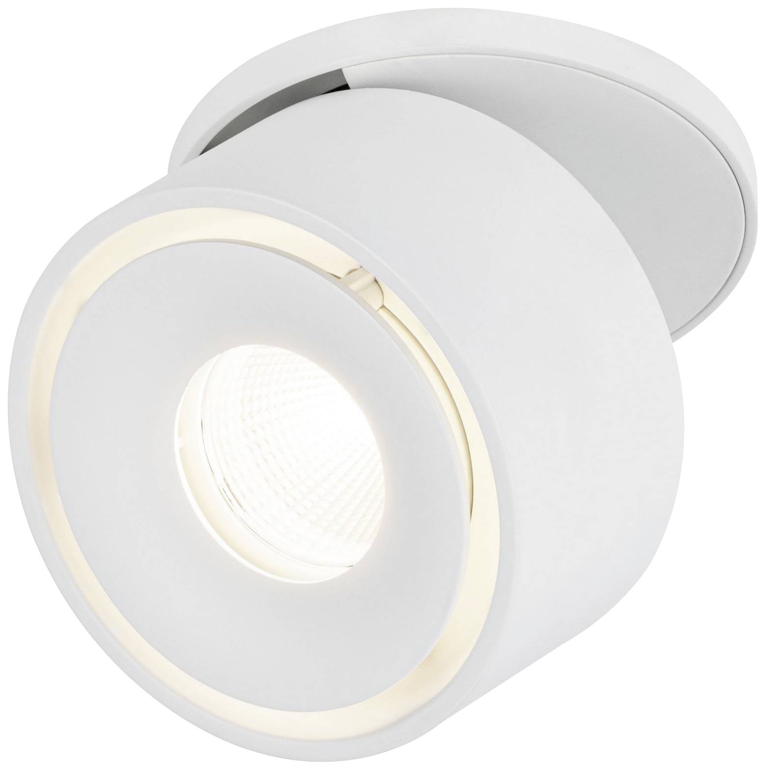 Hvid, rund loftslampe med centralt LED-lys. Moderne design, egnet til indendørs rum som stue eller køkken.