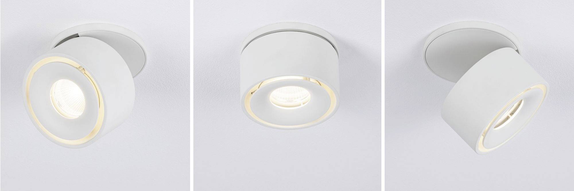 Tre visninger af en moderne hvid loftslampe. Lampen er rund med et svingbart hoved, der kan dirigere lyset i forskellige retninger.