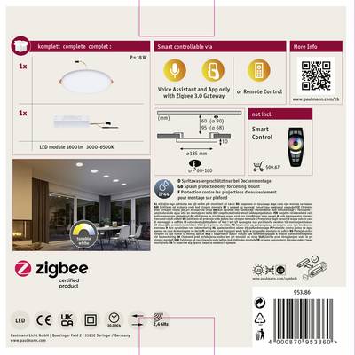 LED-loftslampe, 3000-6500K, Smart styring via Zigbee, stemmestyring, dæmpbar, inkl. fjernbetjening.