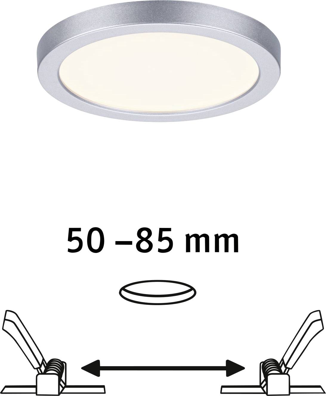 Rund loftslampe med sølvfarvet kant og installationsvejledning til indbygningsdybde på 50-85 mm med skematiske tegninger.
