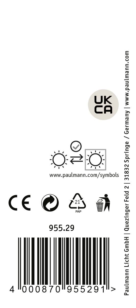 ETIKET: Energisparelampe-symboler, CE-mærkning, stregkode, Paulmann Licht GmbH, www.paulmann.com/symbols, UKCA-logo.
