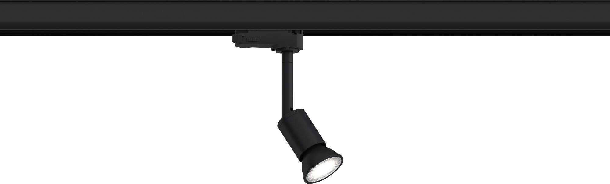 En enkelt, drejelig sort loftslampe på en skinne, som peger nedad og oplyser et område.