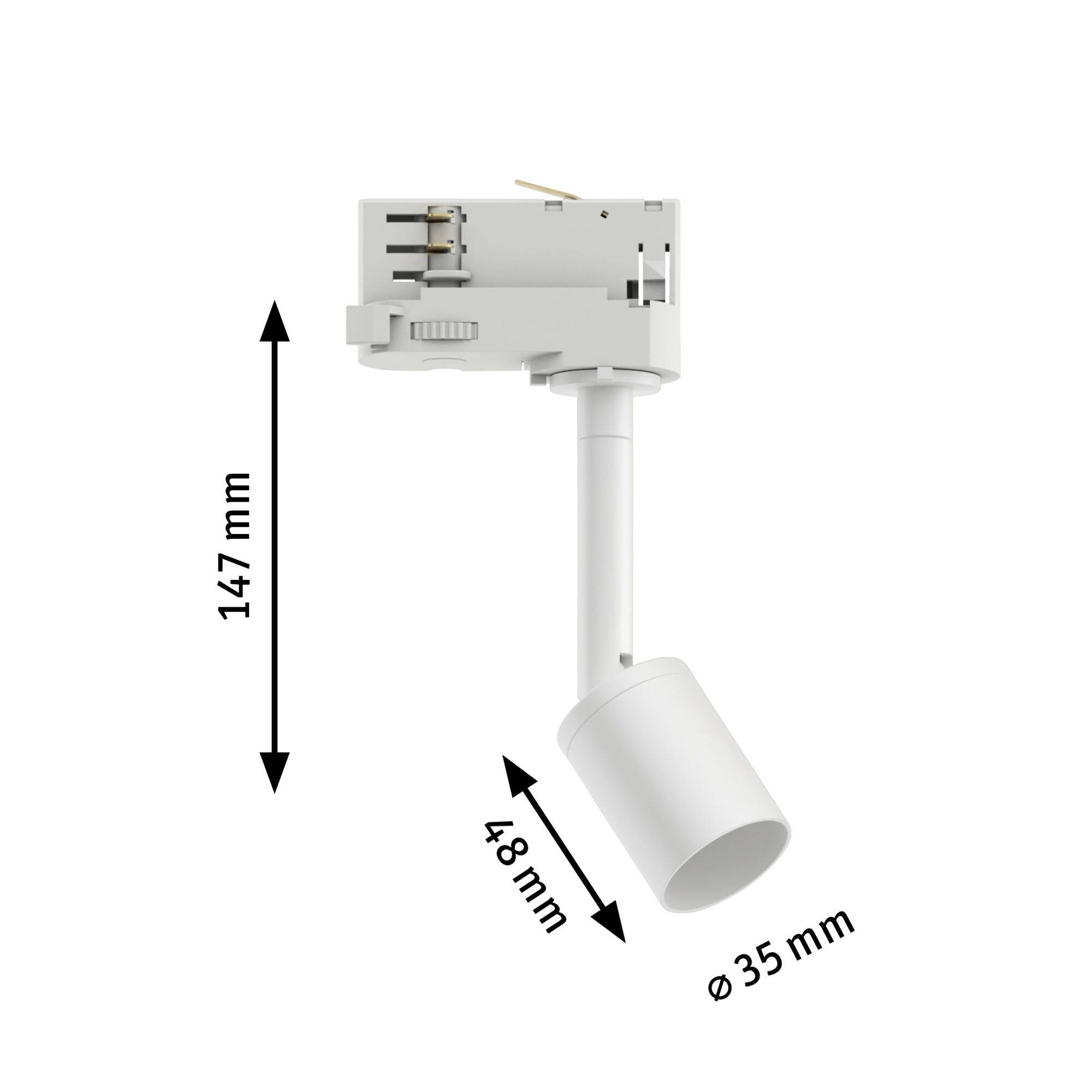 En hvid, cylindrisk LED-spotlampe med justerbart hoved. Mål: 35 mm diameter, 147 mm højde, 48 mm drejeområde.
