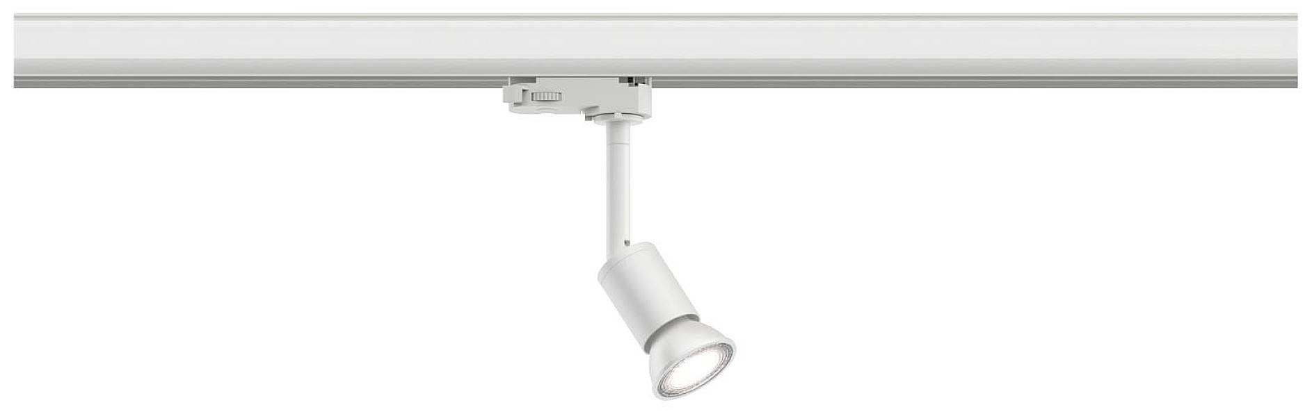 En enkelt hvid LED-projektør er monteret på en hvid skinne i en moderne belysningsinstallation.
