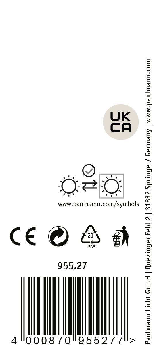 Etiket med UKCA- og CE-mærkning, genbrugssymbol, URL 'www.paulmann.com/symbols' og stregkode nederst.