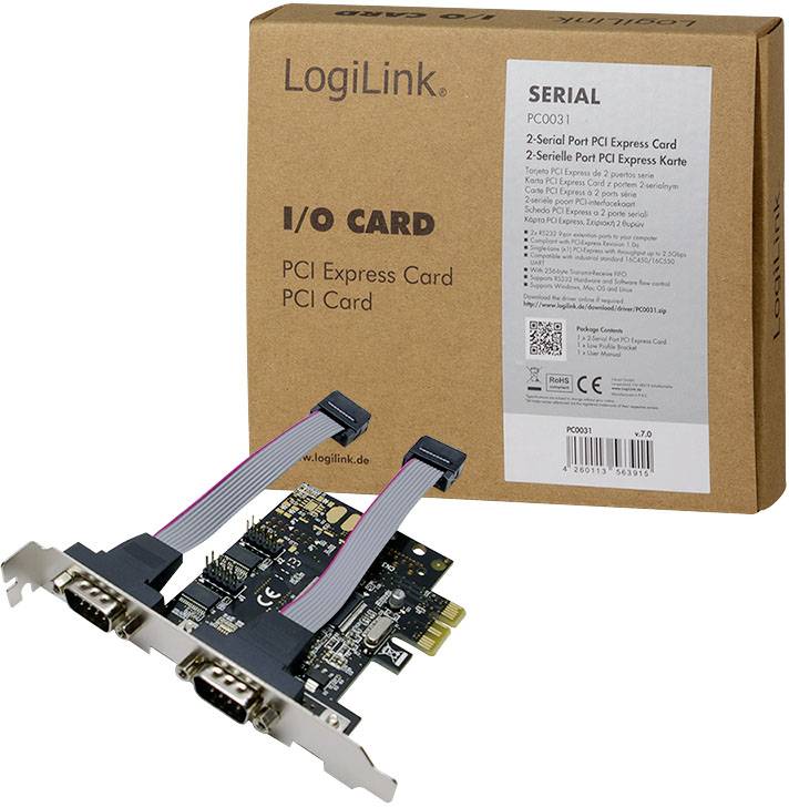 LogiLink PCI Express-kort med to serielle porte, egnet til brug i computere, pakke og kort synligt.