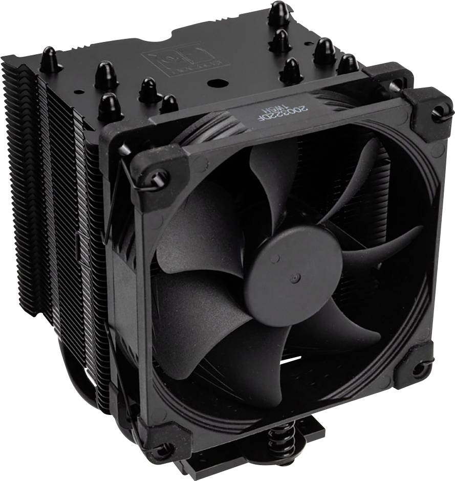 En sort CPU-køler med ventilator og køleribber.