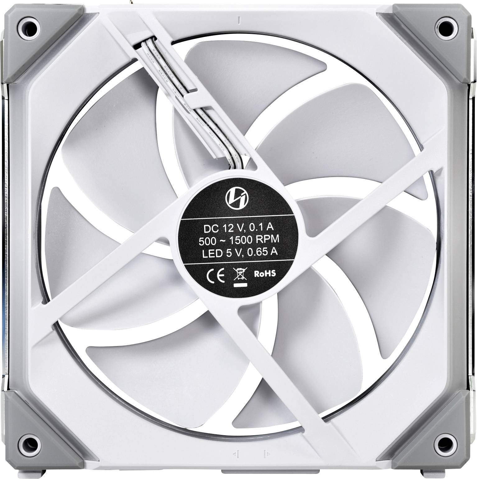 En hvid computerblæser med grå hjørner, et centralt logo og tekniske specifikationer: 'DC 12V, 0,1A, 500-1500 RPM, LED 5V, 0,65A'.