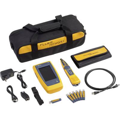Et netværkstest-kit med en gul og sort digital tester, tilbehør, kabler og en bæretaske. Væsentlig til netværksdiagnostik.