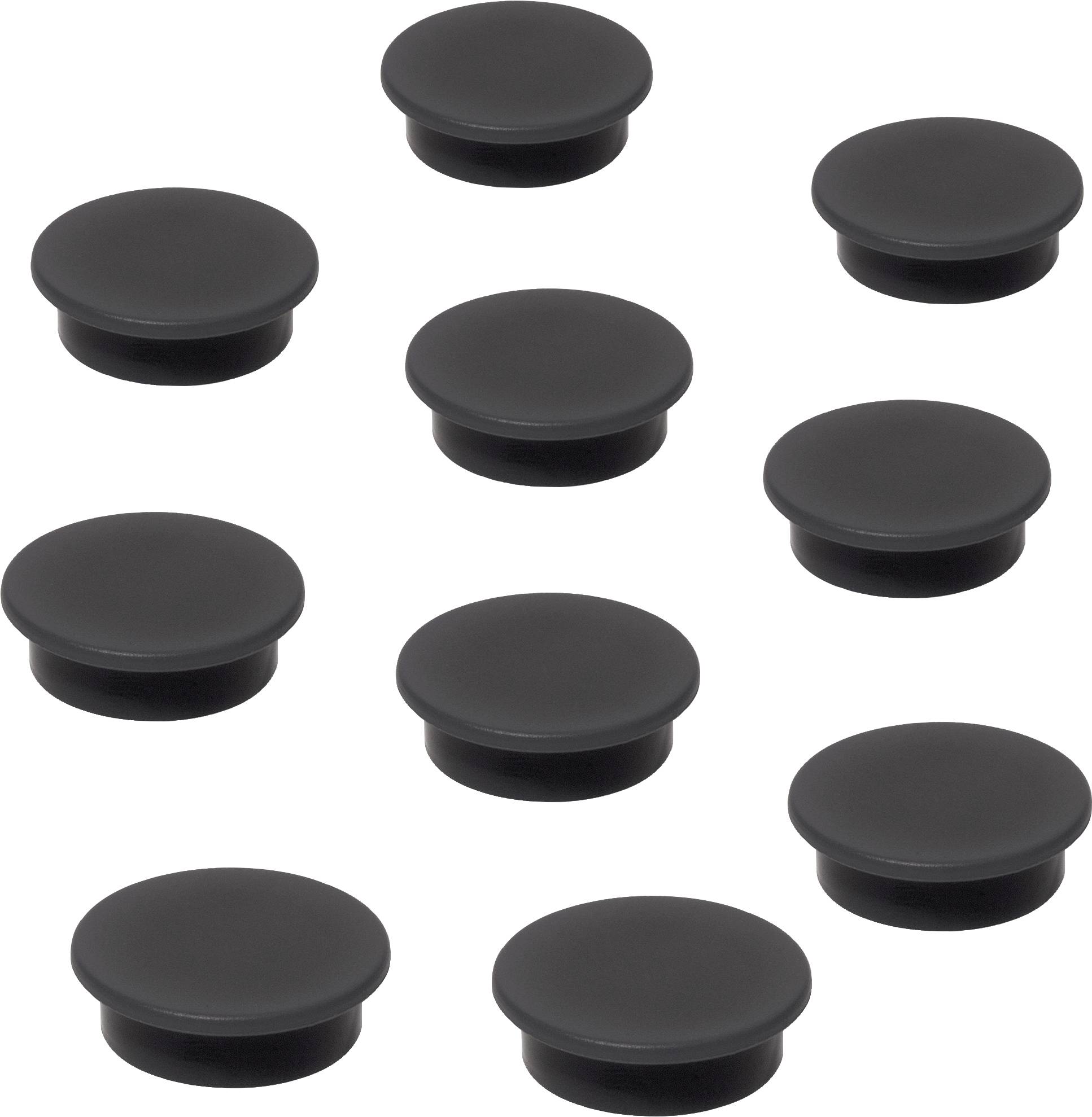 Ti sorte, runde plastikpropper fordelt jævnt på en hvid baggrund, formentlig til afdækning af huller eller skruer.