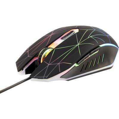 Sort gaming-mus med farverige LED-linjestrukturer, højre-placeret tommelfinger-tast og USB-kabel, på hvid baggrund.