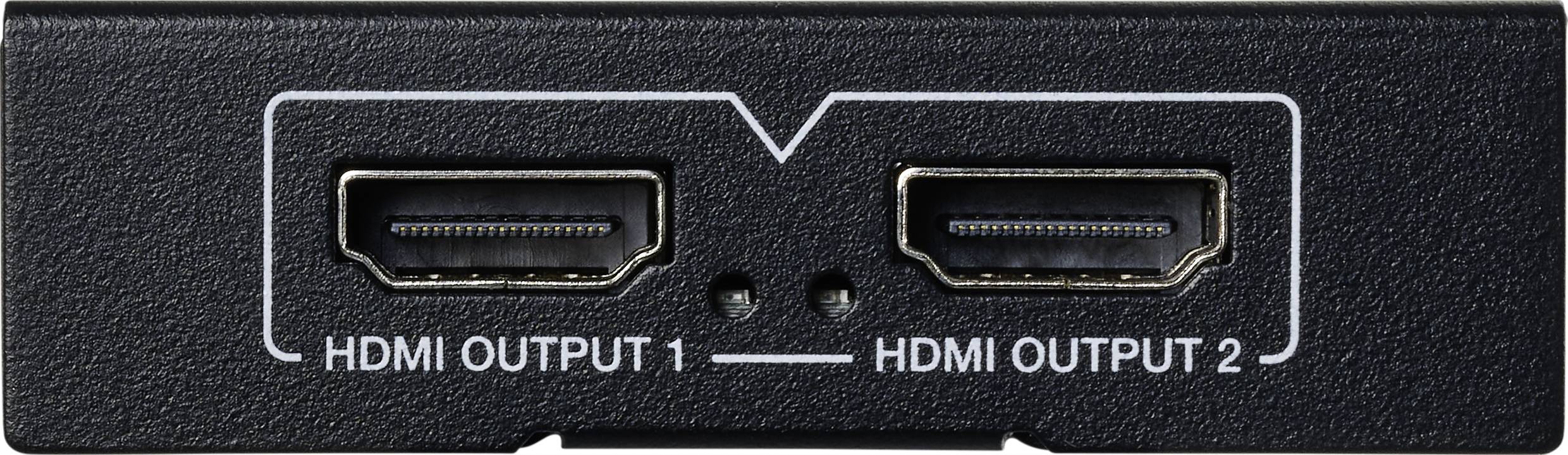 'HDMI OUTPUT 1' og 'HDMI OUTPUT 2' stik på en enhed, adskilt af en V-formet linje i midten.