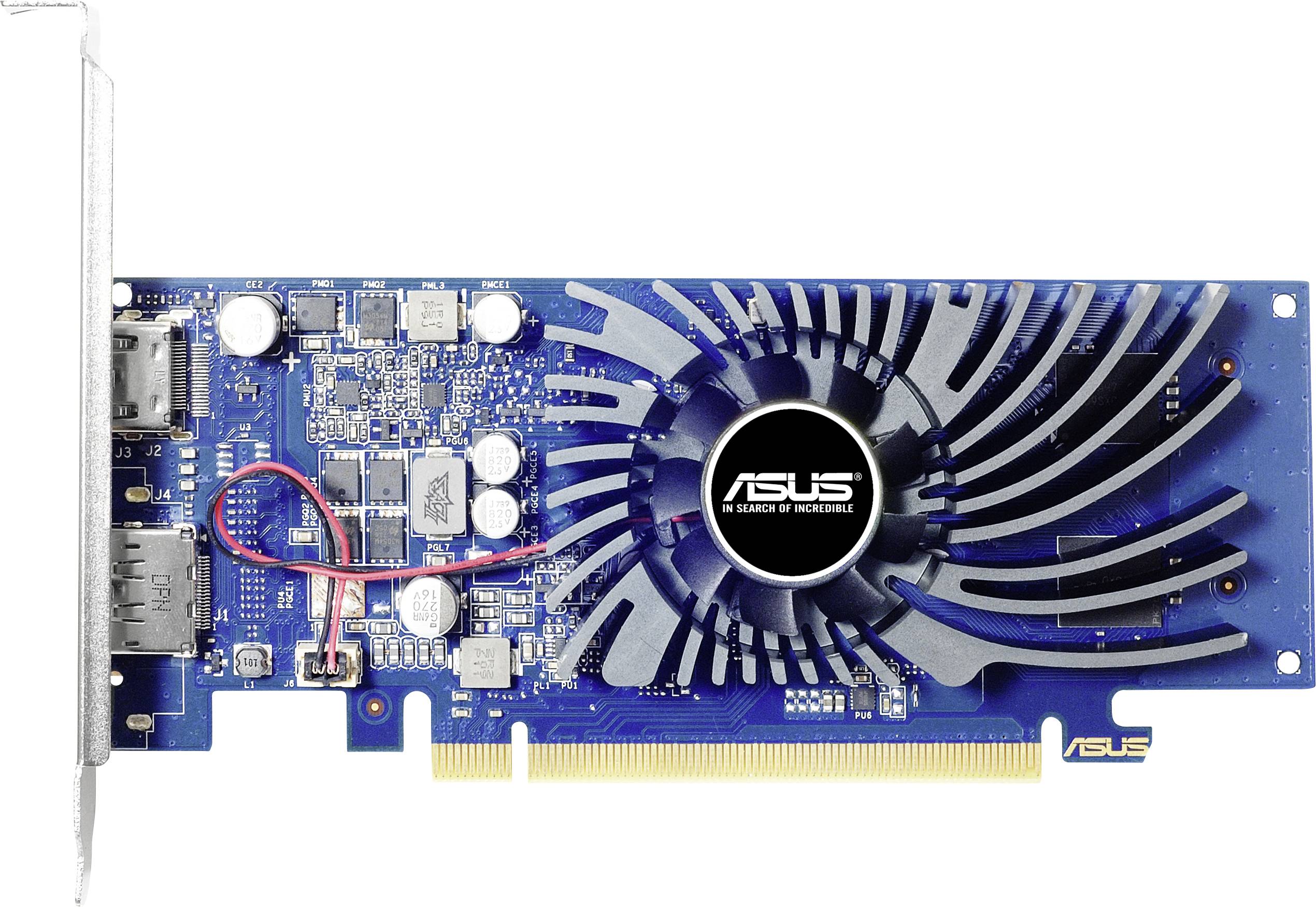 ASUS grafikkort med blåt kredsløbsdesign. Der er synlig en ventilator og flere monitorstik.