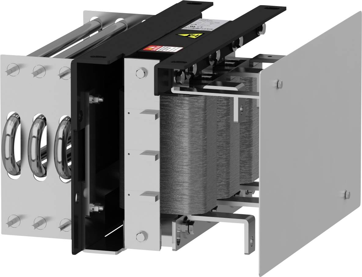 Et åbent eltavle med metalruller og spoler, som viser elektriske komponenter, der bruges til industrielle formål.