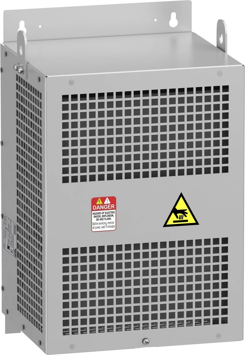 Metallisk gitterkabinet med fare- og spændingsadvarsler, vægmonteret, til ventilation af tekniske enheder.