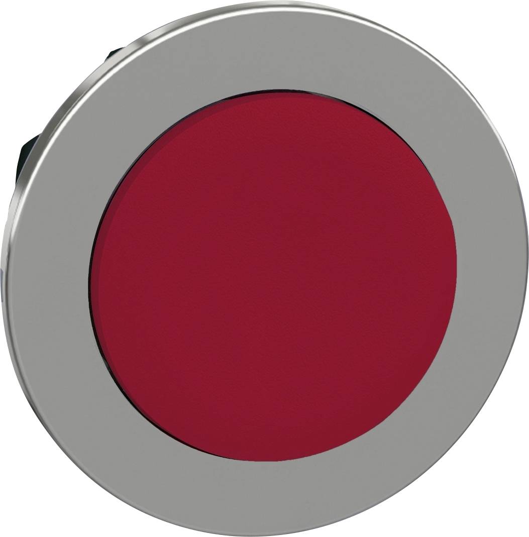 Rund rød knap med sølvfarvet kant, muligvis en nødstop-kontakt eller betjeningselement i en elektrisk enhed.