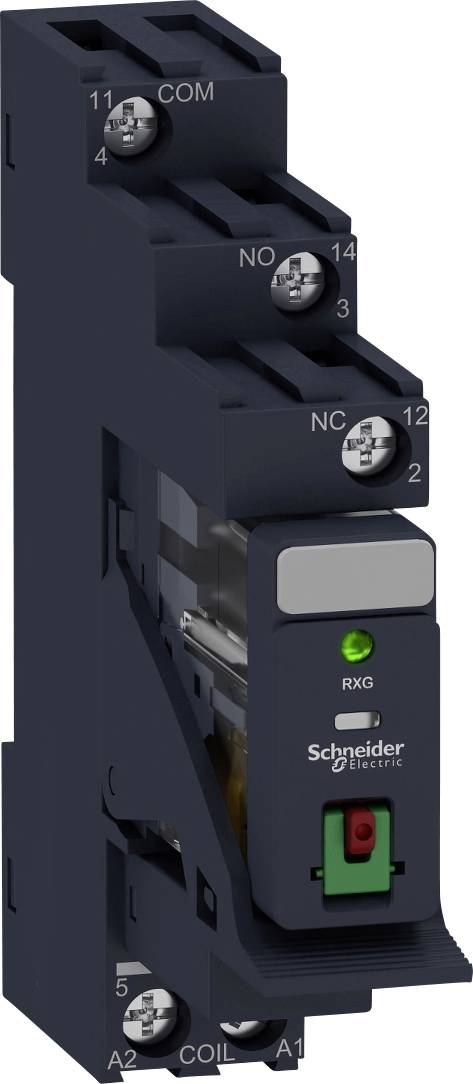 Industrielle relæ fra Schneider Electric med et grønt RXG- og et rødt relæ, egnet til elektriske tavler.