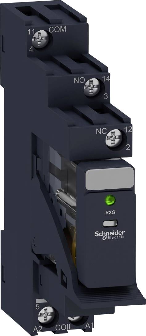 Elektrisk relæ fra Schneider Electric med grøn driftslampe, egnet til at skifte strømkredse i automatiserede systemer.