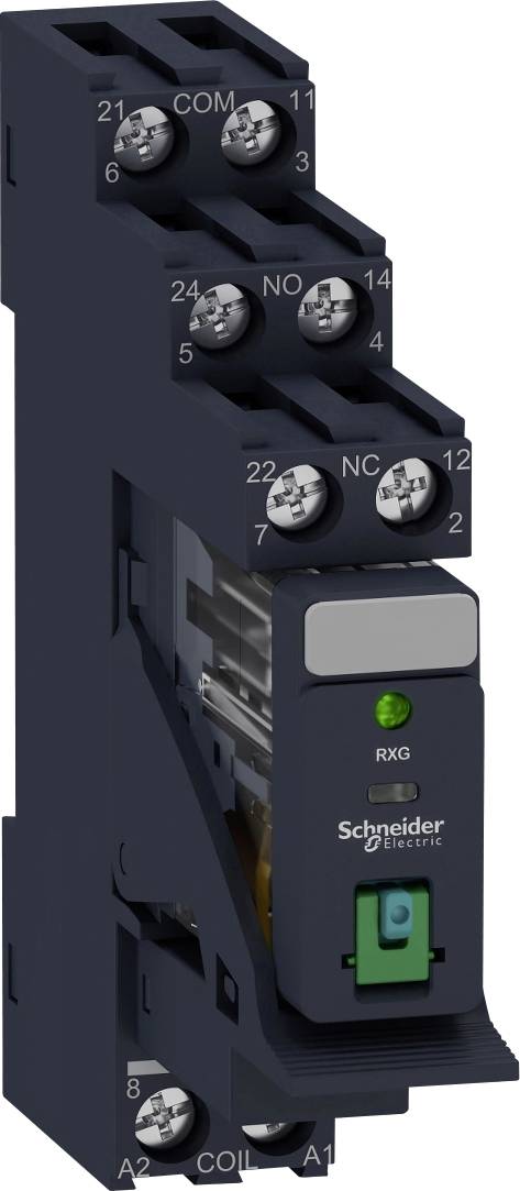 Et sort relæmodul fra Schneider Electric med grøn LED-indikator, påskrifter for tilslutninger.