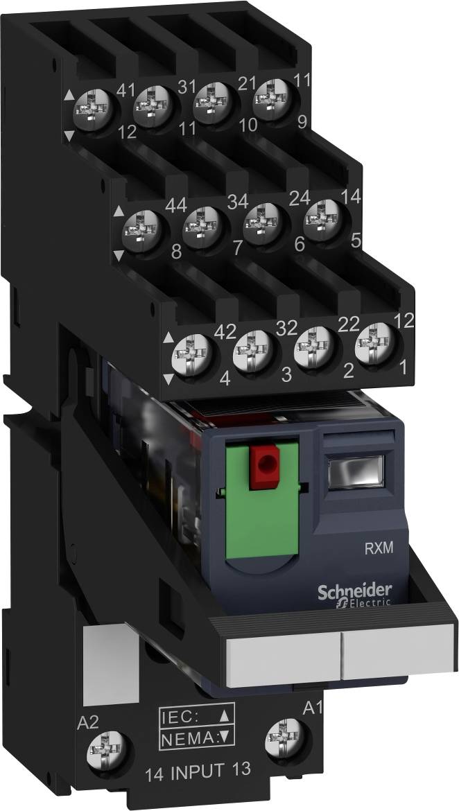 Industrielt elektrisk relæ fra Schneider Electric, model RXM; viser tilslutninger og mærkninger til teknisk brug.