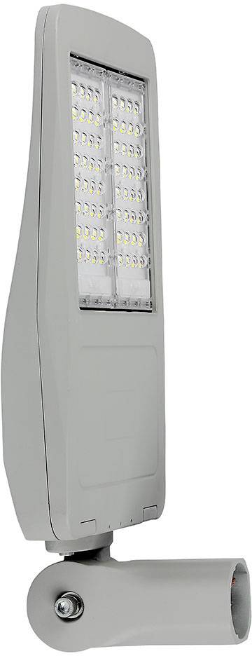 En moderne, strømlinet LED-gadelampe lavet af gråt materiale med et rektangulært lampehoved og flere lysende LED'er.