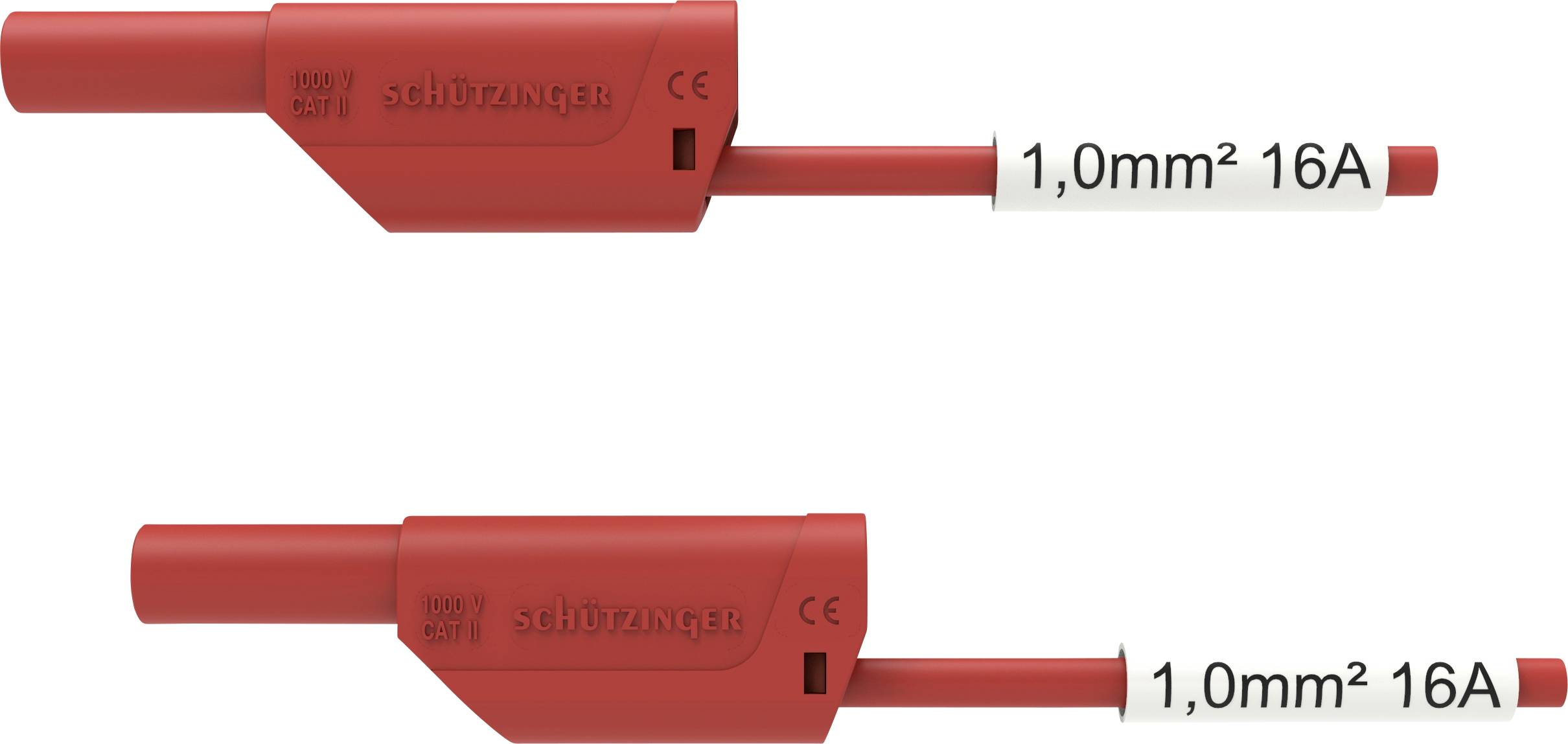 To klemmer i rødt med påskriften '1,0 mm² 16 A', egnede til elektriske forbindelser, ligger ved siden af hinanden.