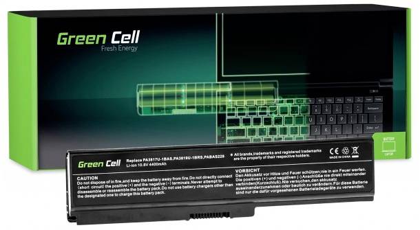 Laptop-batteripakke fra 'Green Cell': Erstatter specificerede modeller, forsynet med installations- og sikkerhedsadvarsler.