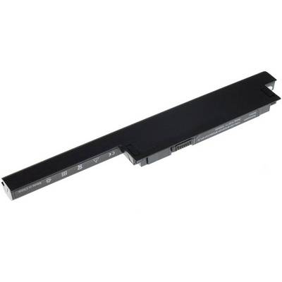 En smal, rektangulær laptop-batteri i sort med symboler og tekniske oplysninger på overfladen.