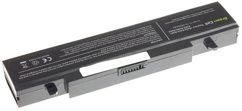 Bærbar computer-batteri i rektangulær form, sort, med teknisk tekst på oversiden.