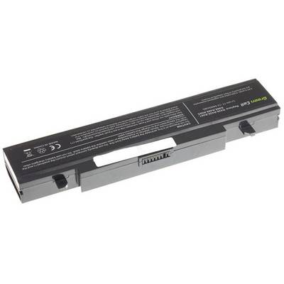 Bærbar computer-batteri i rektangulær form, sort, med teknisk tekst på oversiden.