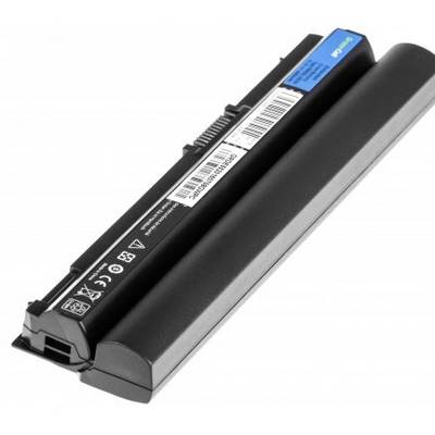 En sort laptopbatteri med et etiket øverst, som viser produktoplysninger og sikkerhedsadvarsler.