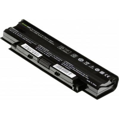 Sort laptop-batteri med tekniske data og sikkerhedsanvisninger trykt på, mærket med symboler for brug.