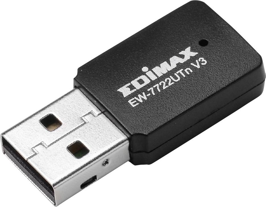 En sort USB WLAN-adapter fra Edimax, model EW-7722UTn V3, ligger på en hvid overflade.