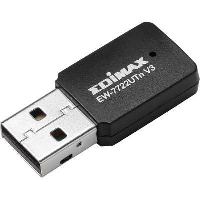 En sort USB WLAN-adapter fra Edimax, model EW-7722UTn V3, ligger på en hvid overflade.
