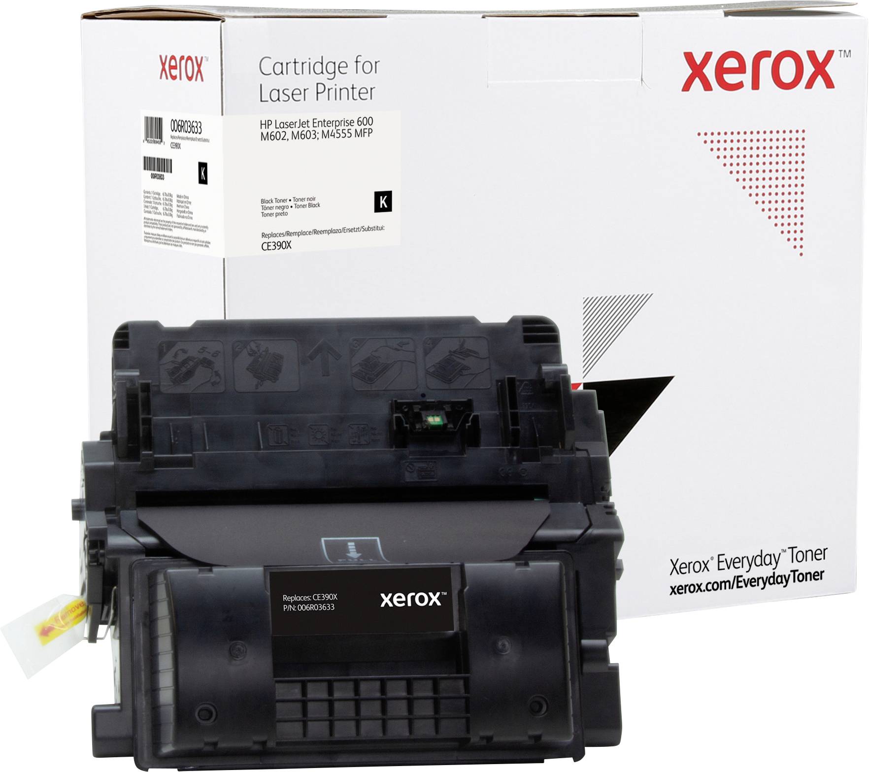 En sort Xerox-laserprinterpatron før pakning. Pakning viser 'Cartridge for Laser Printer' og 'xerox'.