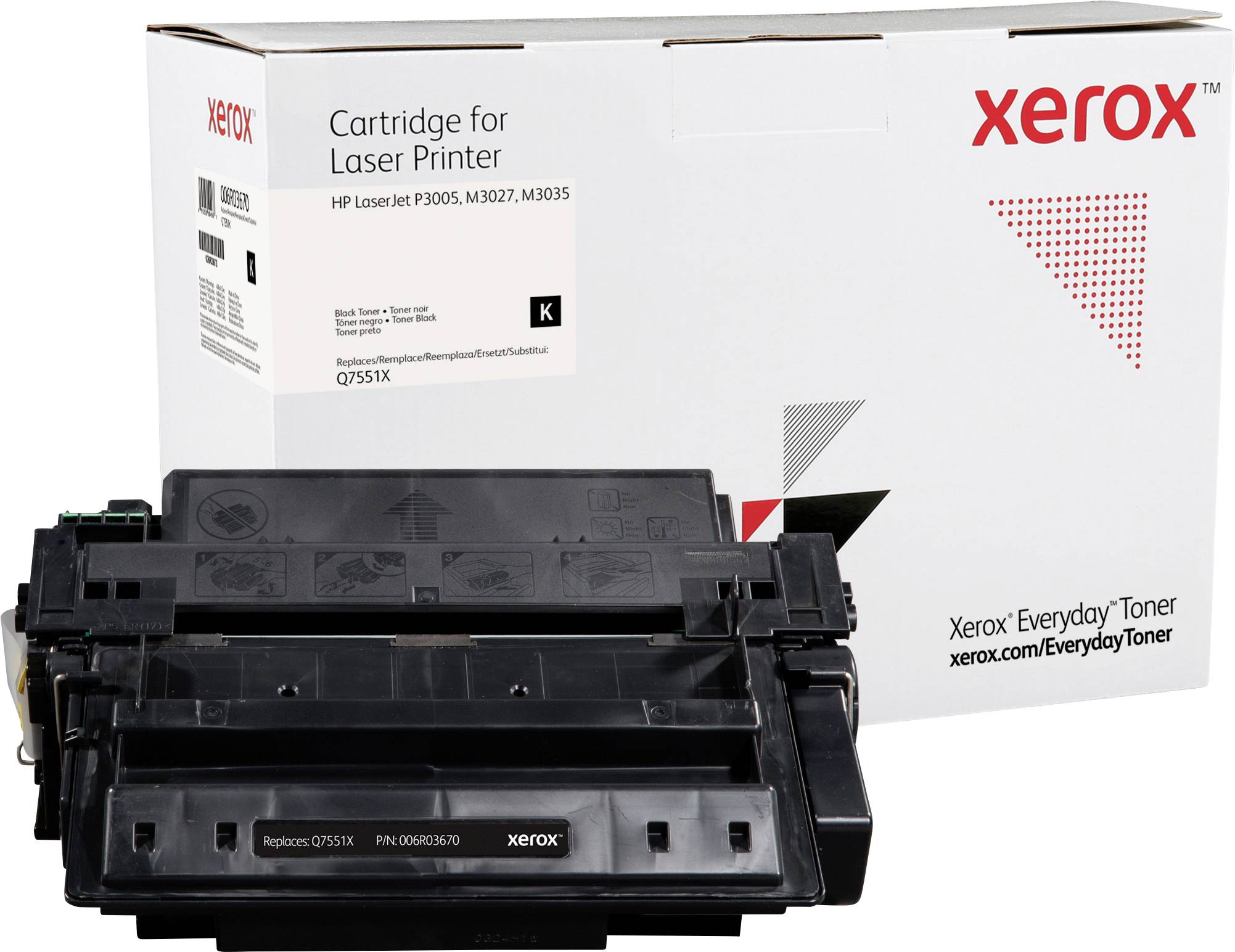 Billedet viser en sort Xerox-tonerpatron Q7551X foran sin emballage. Egnet til HP LaserJet P3005, M3027, M3035.