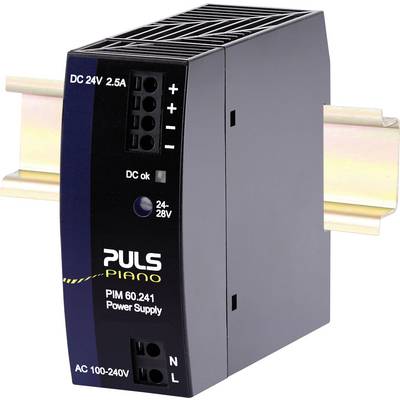 'PULS PIANO PIM 60.241' Strømforsyning på DIN-skinne, leverer DC 24V, 2.5A. Viser tilslutninger, plus- og minuspol samt AC-indgang 100-240V.
