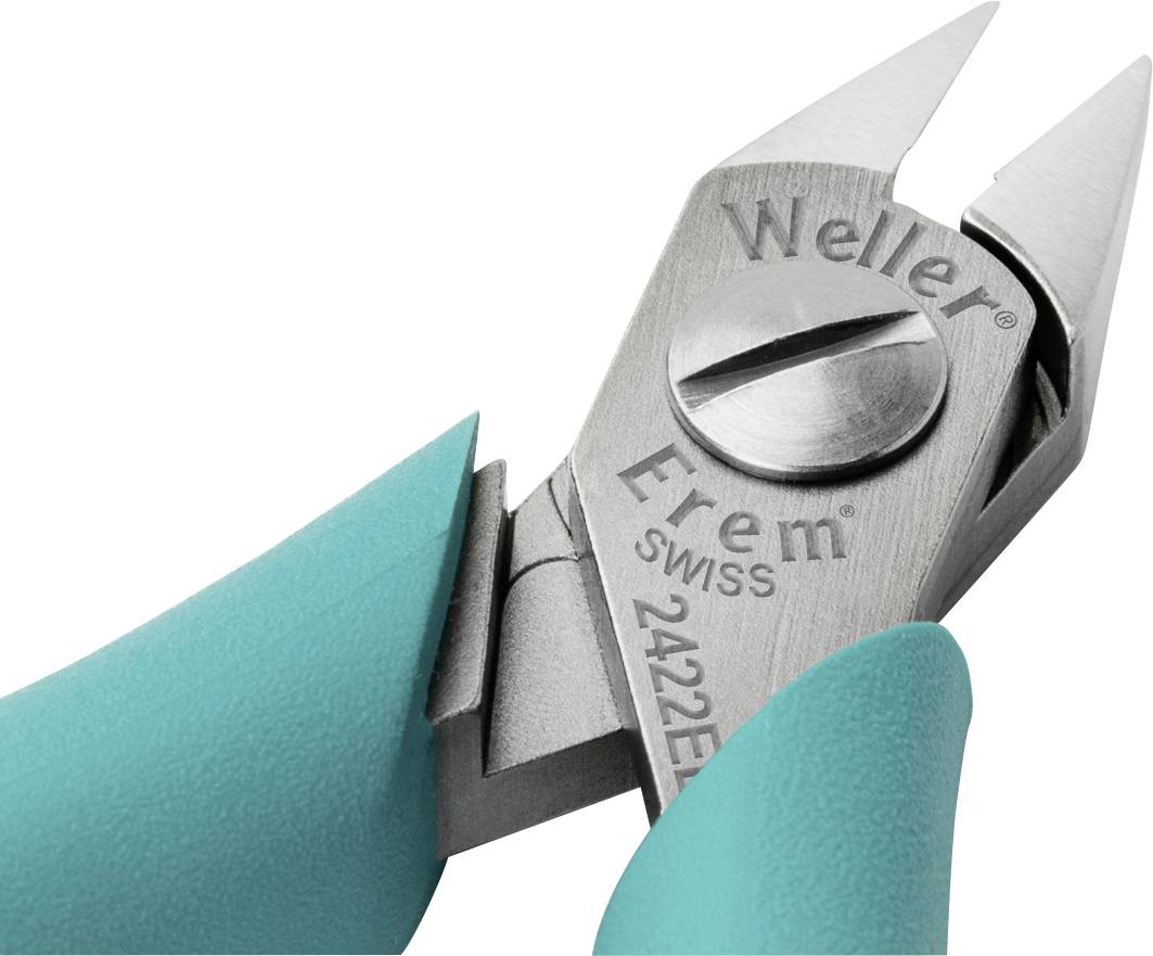 Præcisionssaks fra Weller Erem, model 2422E, med blå håndtag og skarpe klinger. Velegnet til fine skæreopgaver.