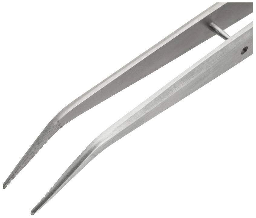 En sølvfarvet metalpincet med rillede spidser er vist. Den bruges sædvanligvis til præcis håndtering af små genstande.