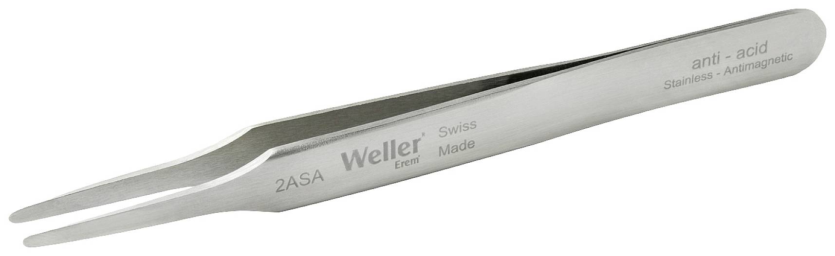 Metalpincet med påskriften 'Weller - anti-syre - rustfri - antimagnetisk - Swiss made', velegnet til præcisionsopgaver.