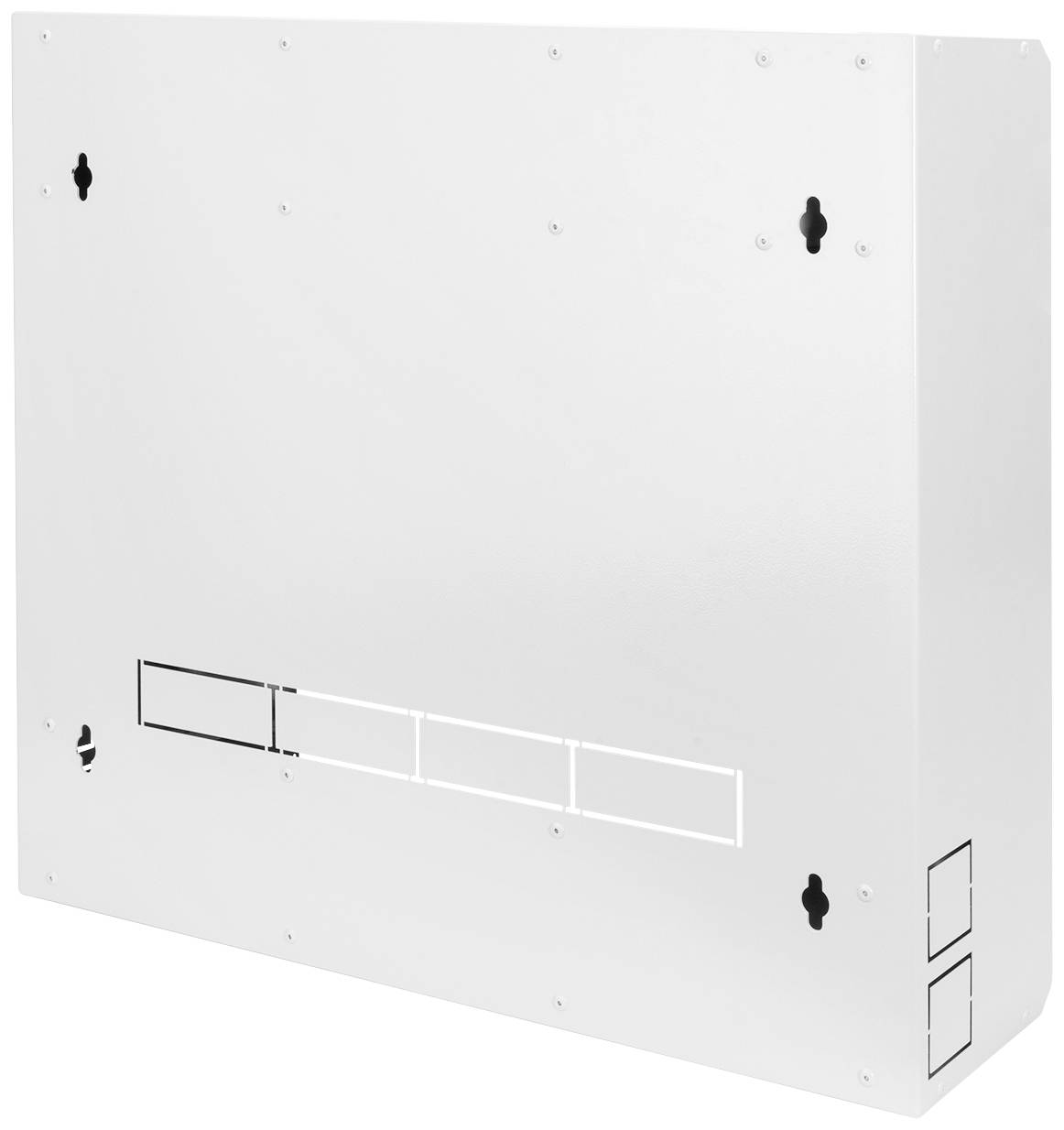 En hvid, rektangulær metalkasse med åbninger og huller, muligvis egnet til elektronik- eller kabelinstallationer.