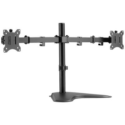 Dobbelt metalmonitorstativ med justerbare arme og standard VESA-beslag, monteret på en solid base.