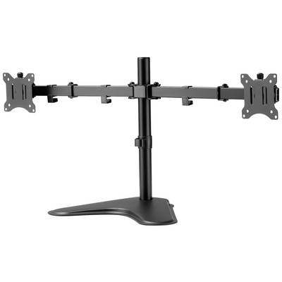 Dobbelt monitorfæste i sort metal med justerbare arme og solid base, velegnet til to skærme.