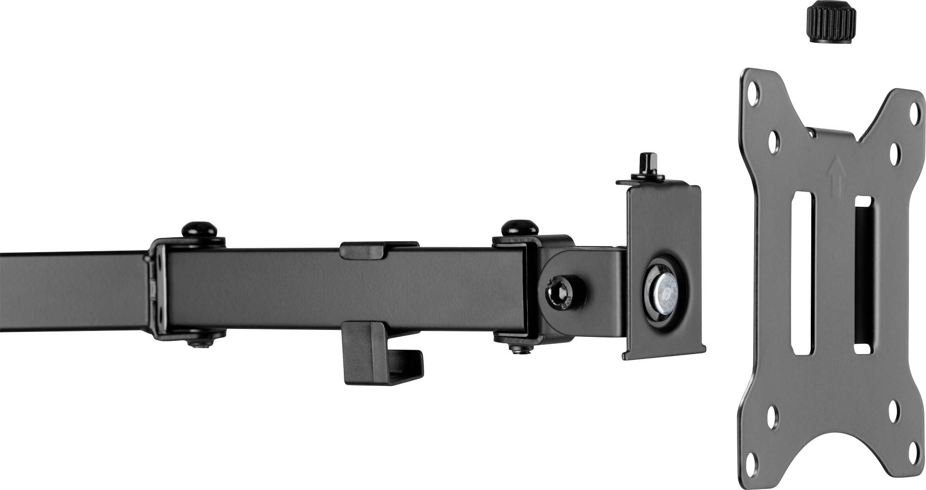 Sort-grå monitorophæng med justerbar arm og VESA-beslag, egnet til montering på væg eller bord.