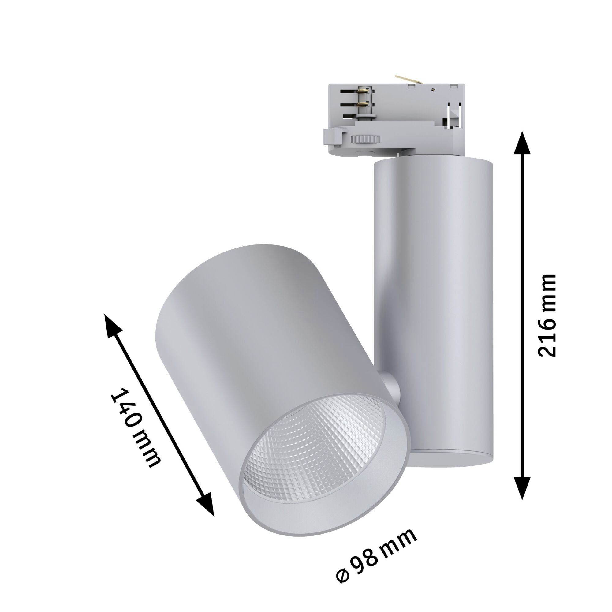 En sølvfarvet projektor med dimensioner: Højde 216 mm, Længde 140 mm, Diameter 98 mm.