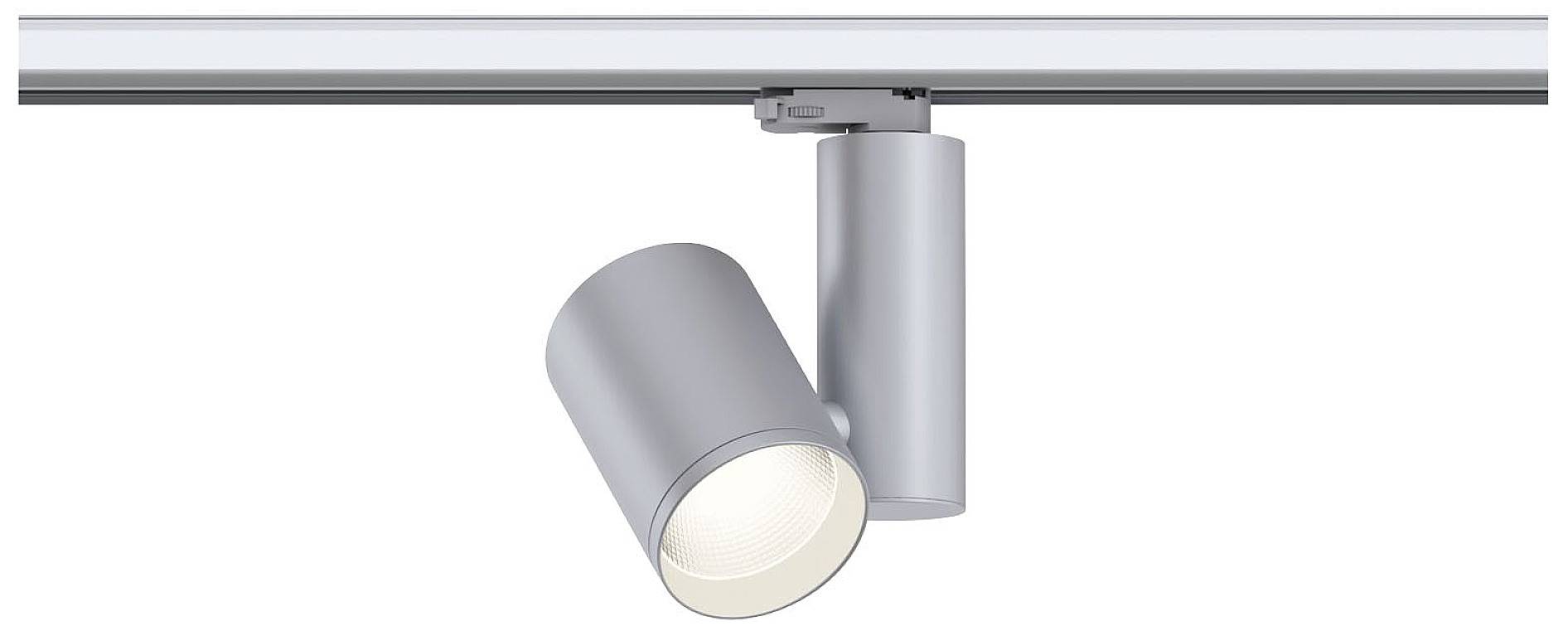 Loftmonteret sølvfarvet LED-skinnelampe med cylindrisk design, indstillet til fokuseret belysning.
